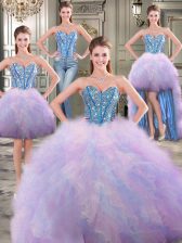Popular Four Piece Sweetheart Sleeveless Tulle Quinceanera Gowns Beading and Ruffles Lace Up