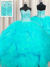  Visible Boning Beaded Bodice Aqua Blue Quinceanera Dress Military Ball and Sweet 16 and Quinceanera with Beading and Ruffles Sweetheart Sleeveless Lace Up