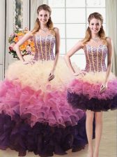  Three Piece Organza Sleeveless Floor Length Ball Gown Prom Dress and Beading and Ruffles
