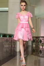  Belt Homecoming Dress Rose Pink Side Zipper Cap Sleeves Mini Length