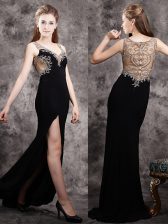 Gorgeous Black Prom Dresses Prom with Appliques V-neck Sleeveless Brush Train Zipper