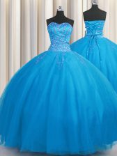 Fine Big Puffy Floor Length Blue Sweet 16 Dresses Sweetheart Sleeveless Lace Up