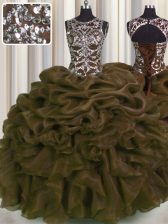 Sexy See Through Floor Length Brown Vestidos de Quinceanera Organza Sleeveless Beading and Pick Ups