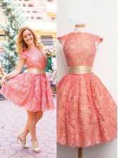 Custom Designed Scoop Cap Sleeves Knee Length Lace Zipper Prom Evening Gown with Watermelon Red