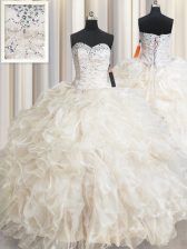 Fashionable Floor Length Champagne Quinceanera Dresses Organza Sleeveless Beading and Lace and Ruffles
