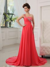  One Shoulder Watermelon Red Sleeveless Chiffon Brush Train Zipper for Prom and Party