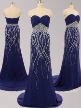  Navy Blue Zipper Sweetheart Beading Dress for Prom Chiffon Sleeveless Brush Train
