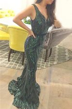  Dark Green Mermaid Sequined V-neck Sleeveless Sashes ribbons Zipper Evening Dress Sweep Train
