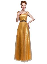  Scoop Sequins Floor Length Empire Cap Sleeves Gold Zipper