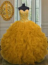 Pretty Orange Ball Gowns Organza Sweetheart Sleeveless Beading and Ruffles Floor Length Lace Up Sweet 16 Dress