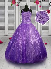  Lavender Ball Gowns Sequined Straps Sleeveless Sequins Floor Length Lace Up Little Girl Pageant Gowns