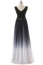 Elegant Chiffon V-neck Sleeveless Lace Up Belt Prom Evening Gown in Black