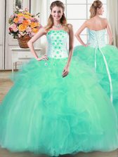 Sweet Sleeveless Tulle Floor Length Lace Up Quinceanera Gown in Turquoise with Beading and Appliques and Ruffles