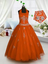  Red Tulle Lace Up Halter Top Sleeveless Floor Length Little Girls Pageant Dress Appliques