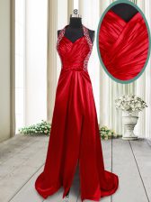  Halter Top Sleeveless Elastic Woven Satin Homecoming Dress Beading Brush Train Criss Cross