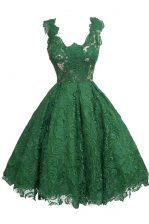 Dynamic Scoop Dark Green A-line Appliques Prom Dresses Zipper Lace Sleeveless Knee Length
