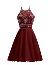  Burgundy Chiffon Zipper Halter Top Sleeveless Knee Length Prom Dress Beading