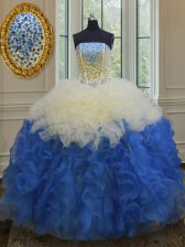 Elegant Sleeveless Organza Floor Length Lace Up 15th Birthday Dress in Blue And White with Beading and Ruffles