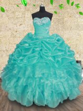 Suitable Sweetheart Sleeveless Vestidos de Quinceanera Floor Length Beading and Ruffles and Ruching Aqua Blue Organza