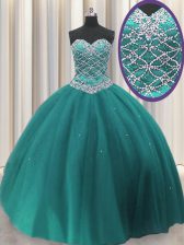  Teal Ball Gowns Beading and Sequins Quinceanera Gown Lace Up Tulle Sleeveless Floor Length