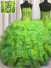  Visible Boning Beaded Bodice Multi-color Sleeveless Floor Length Beading and Ruffles Lace Up Vestidos de Quinceanera