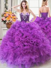 Affordable Ball Gowns 15 Quinceanera Dress Eggplant Purple Sweetheart Organza Sleeveless Floor Length Lace Up