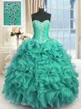Luxury Floor Length Turquoise Quinceanera Dress Sweetheart Sleeveless Lace Up