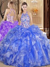 Custom Fit Blue Backless Scoop Embroidery and Ruffles Quinceanera Gowns Organza Sleeveless