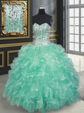 Traditional Floor Length Apple Green 15 Quinceanera Dress Organza Sleeveless Beading and Ruffles