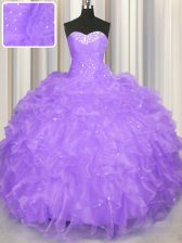 Sweet Lavender Sweetheart Neckline Beading and Ruffles Quince Ball Gowns Sleeveless Lace Up