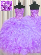 Chic Lavender Sweetheart Lace Up Beading and Ruffles Quinceanera Gown Sleeveless