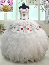  White Lace Up Sweet 16 Dress Embroidery and Ruffles Sleeveless Floor Length
