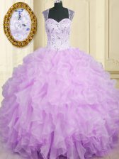  Straps Sleeveless Organza Sweet 16 Quinceanera Dress Beading and Ruffles Zipper