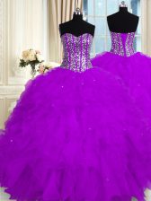 Excellent Purple Ball Gowns Organza Sweetheart Sleeveless Beading and Ruffles Floor Length Lace Up Ball Gown Prom Dress