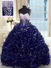 Delicate Brush Train Ball Gowns Quinceanera Gown Blue Sweetheart Organza Sleeveless With Train Lace Up
