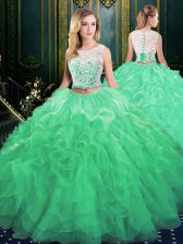 Luxurious Scoop Sleeveless Court Train Zipper 15 Quinceanera Dress Green Organza