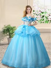 Glittering Off the Shoulder Baby Blue Sleeveless Organza Lace Up 15 Quinceanera Dress for Prom
