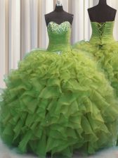 Trendy Beaded Bust Floor Length Olive Green Ball Gown Prom Dress Sweetheart Sleeveless Lace Up