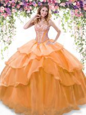 Elegant Beading and Ruffled Layers Quinceanera Gowns Orange Lace Up Sleeveless Floor Length
