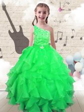 Gorgeous One Shoulder Floor Length Apple Green Little Girls Pageant Gowns Organza Sleeveless Beading and Ruffles