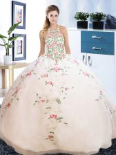 Artistic Halter Top Floor Length Lace Up Vestidos de Quinceanera White for Military Ball and Sweet 16 and Quinceanera with Embroidery