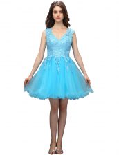 Luxury Aqua Blue A-line Appliques Dress for Prom Backless Organza Sleeveless Mini Length