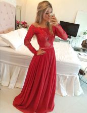 Sweet Off the Shoulder Red A-line Appliques Prom Dress Zipper Chiffon Long Sleeves Floor Length