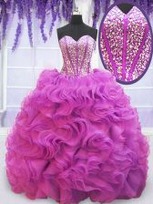 Cute Purple Ball Gowns Organza Sweetheart Sleeveless Beading and Ruffles Lace Up Quinceanera Gowns Brush Train