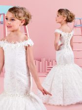 Latest Mermaid Off the Shoulder Sleeveless Lace Up Floor Length Lace and Appliques Flower Girl Dress