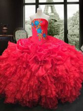 Glittering Embroidery and Ruffles Vestidos de Quinceanera Red Lace Up Sleeveless Floor Length