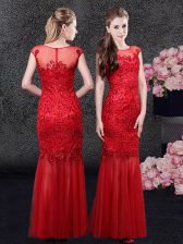  Mermaid Tulle Scoop Cap Sleeves Zipper Lace Prom Evening Gown in Red