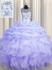 Luxury See Through Scoop Sleeveless Beading and Ruffles and Pick Ups Lace Up Vestidos de Quinceanera