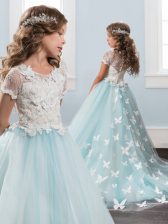  Scoop Light Blue Short Sleeves With Train Lace Zipper Little Girl Pageant Dress