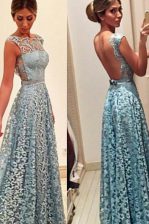 Chic Bateau Sleeveless Backless Prom Gown Turquoise Lace